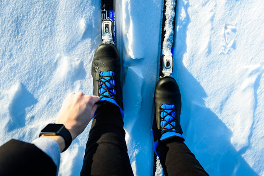 Putting on skis, preparing for ride in winter snowy nature.