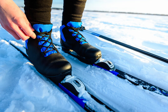 Putting on skis, preparing for ride in winter snowy nature.