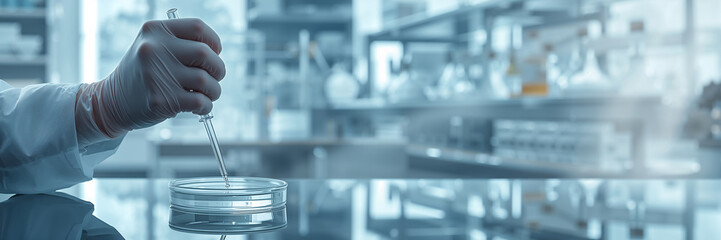 Close-up of a lab technician's gloved hands holding a pipette during a laboratory experiment