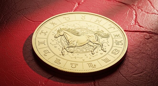 Gold Zodiac Coin with Horse Symbol on Red Leather.