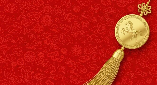 Golden Chinese Coin on Red Background.