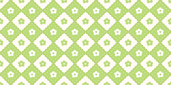 Spring preppy lace seamless pattern with daisy. Trendy floral background. Green tablecloth texture. Diagonal cross line. Cute print for fabric and textile. Vector illustration