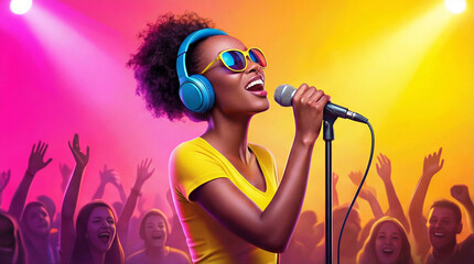 Vocalist performing on stage with microphone. Young African American woman singing at music concert with cheering crowd in colorful spotlight.