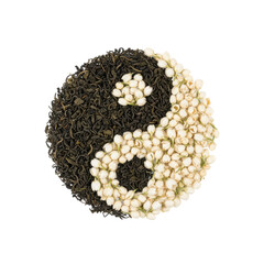 Yin Yang Symbol Made of Green Tea and Jasmine Flowers