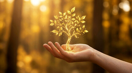 Luminous golden tree growing from palm of hand in autumn forest. Environmental conservation and sustainable growth concept.