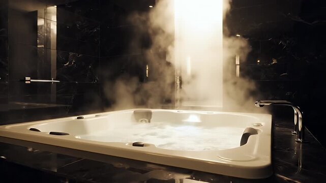 Luxurious Spa Bathroom With Steaming Jacuzzi And Marble Walls