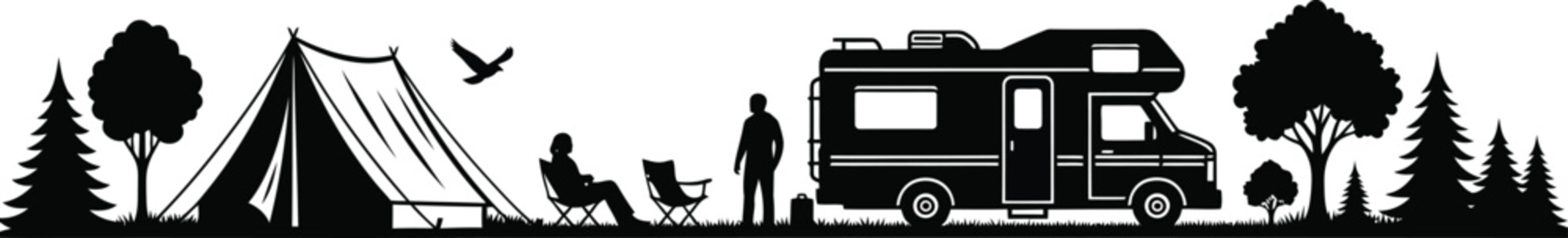 Camping scene with tent camper van and people in a serene natural environment with trees and a bird in flight