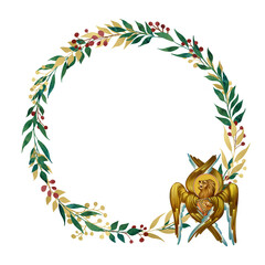 Naklejka premium Decorative vintage floral wreath with Leo Mark Apostle symbol, illustration in Byzantine style isolated