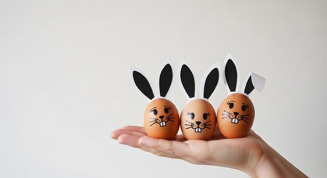 Easter eggs decorated as bunny faces in hand