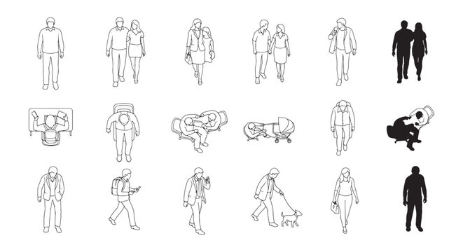 People Line Art Vector Set, Walking Standing Sitting Top View Business Couple Dog Stroller Outline Collection