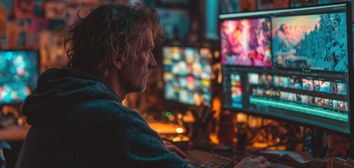 Fototapeta premium Creative professional editing footage on multiple computer monitors in a dimly lit room