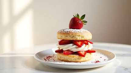 A delicious strawberry shortcake dessert is presented on a white plate with powdered sugar.