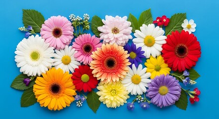 Beautiful bouquet of colorful gerbera daisies and fresh greenery against a vibrant blue background