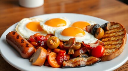 Delicious breakfast plate with eggs sausages.