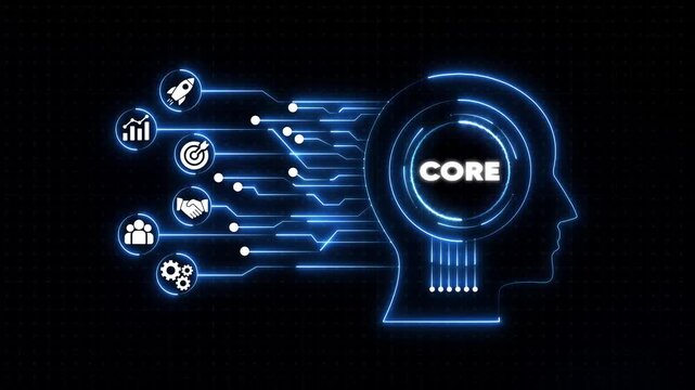 Core Business Strategy Emerging from Head Silhouette on Dark Background with Neon Blue Lines core values