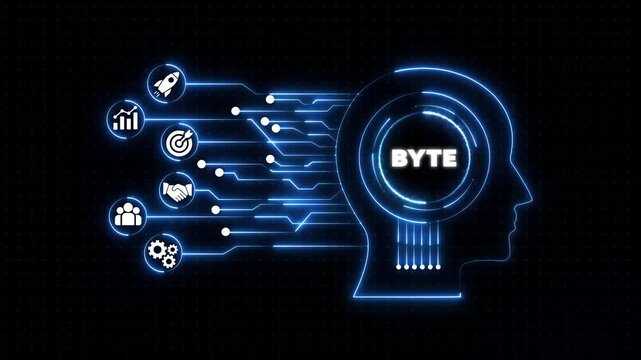 Digital Brain Concept with B Y T E Glowing Circuits and Business byte circuit board glowing blue lines