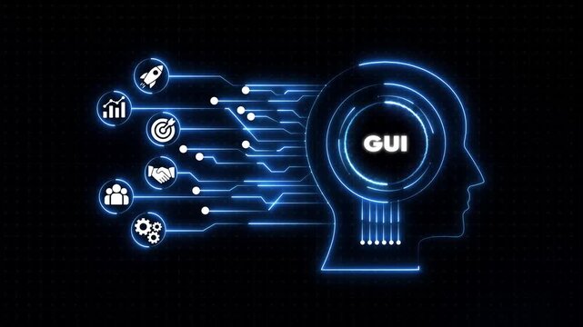 G U I concept with human head and representing user interface and technology software