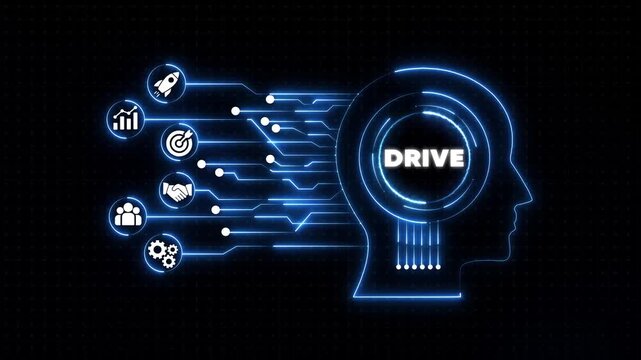 D R I V E Concept Glowing Blue Head with and Circuitry Business Motivation and Productivity drive