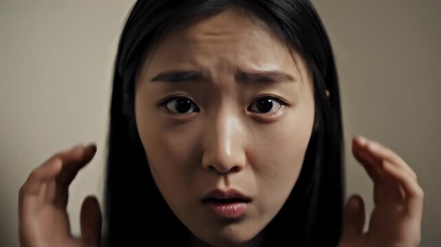 Young Asian Woman in Corner Looking Scared and Covering Ears.