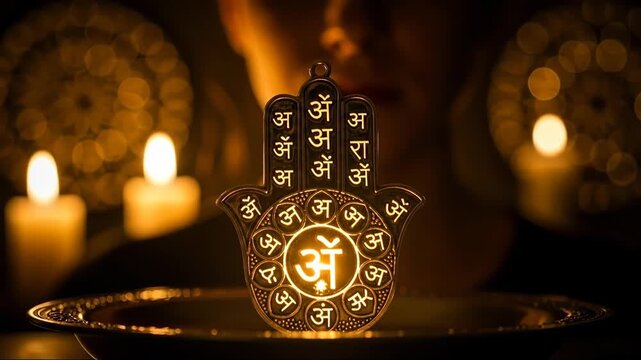Mystical Hamsa Hand with Om Symbol and Candles.