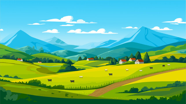 Vector landscape illustration of a rural village with green rolling hills, grazing cows and mountain range background