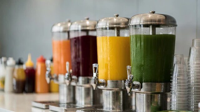 Focused medium view of a juice station featuring vibrant fruit juice dispensers with blurred condiment bottles and cups arranged neatly behind.