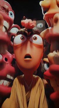 Una representaci&oacute;n surrealista de una figura humana rodeada de rostros exagerados y angustiados.