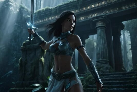Una guerrera de aspecto imponente se alza en medio de unas ruinas ancestrales, empu&ntilde;ando una espada con determinaci&oacute;n.