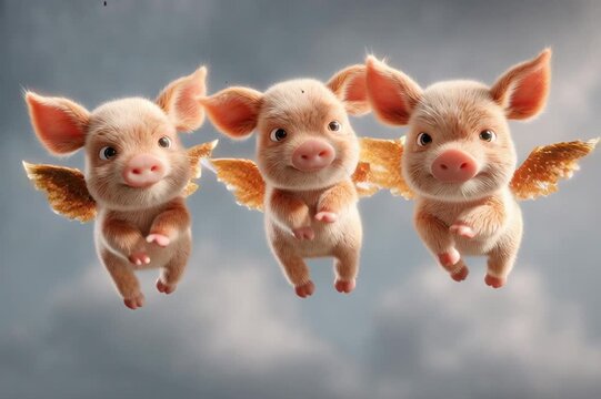 Tres cerditos con alas volando en un cielo azul