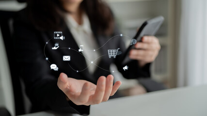 Omnichannel marketing journey showing interaction across media, email, messaging, mobile,...