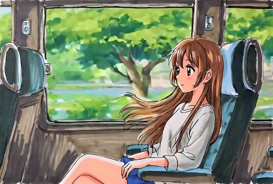 Una joven viaja en tren, absorta en la belleza del paisaje que se despliega ante ella.
