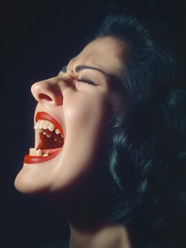 Retrato de una mujer con una expresi&oacute;n de alegr&iacute;a intensa y labios rojos vibrantes.