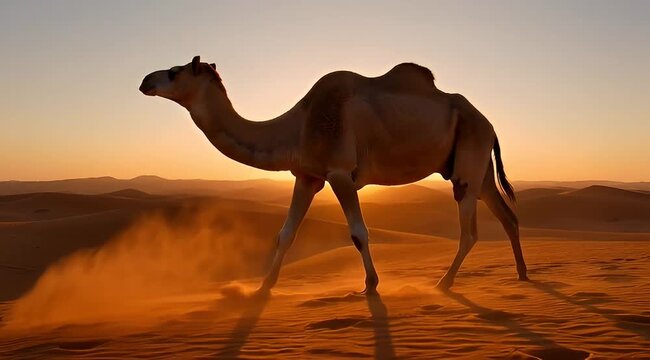 Majestic camel walking across the desert landscape at a golden sunset