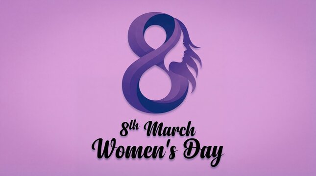 A purple graphic design celebrating International Women's Day on March 8th with a stylized number 8 and a woman's silhouette