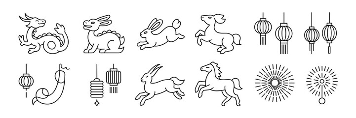 Fototapeta premium Monoline vector icons of Lunar New Year symbols – Suitable for architectural graphics, stylish apparel, or modern digital assets.