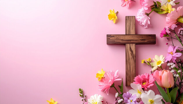 Wooden cross surrounded by colorful spring flowers on soft pink background, Easter celebration concept