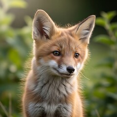 Cute red fox kit portrait outdoors.