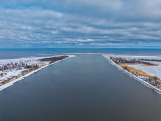 Ice floe flowing on Wisla river at winter