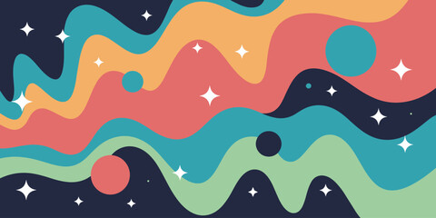 Vibrant Abstract Wavy Background with Stars and Circles in Retro Colors © Emon