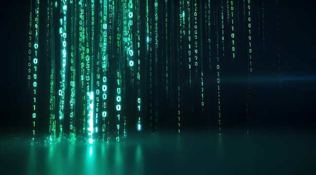 Abstract green digital rain with binary code falling down on dark background
