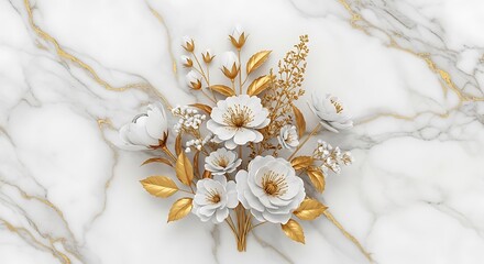 Elegant white floral arrangement with gold accents on marble surface