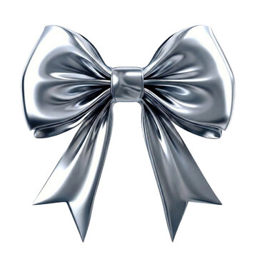 Elegant 3D silver satin ribbon bow isolated on transparent background for luxury gift packaging, wedding celebration decor, and sophisticated anniversary greeting card design