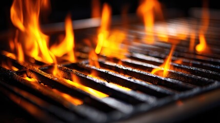 Intense orange flames flare up through the black metal bars of a barbecue grill during a backyard cookout. The fire glows brightly in the dark.