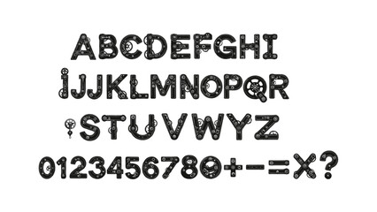 Obraz premium Intricate mechanical alphabet and numbers with gears and cogs design