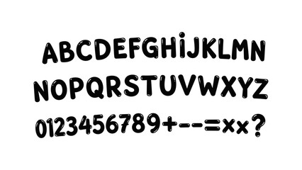 Obraz premium Bold bubble font alphabet and numbers with symbols on white background