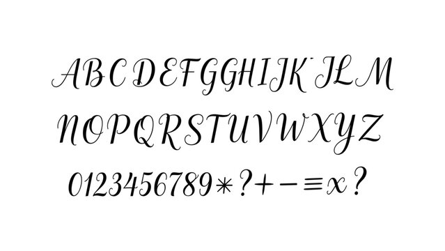 Elegant calligraphy alphabet with numbers and symbols in cursive style