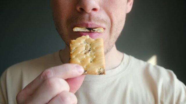 Cropped view of unrecognizable man eating crisp cracker for snack, bringing biscuit to his mouth, taking bite, and chewing. Unhealthy eating habits and junk food concept. Close up man eating cracker