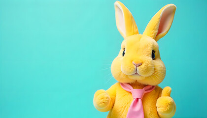 Cute yellow Easter rabbit plush toy wearing a pink tie on a solid turquoise background. Playful banner design with copy space, perfect for greeting cards, holiday promotions, and spring-themed layouts
