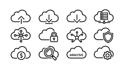 Obraz premium Cloud Computing Icons Set: Data Storage Security Analysis Finance Network Upload Download