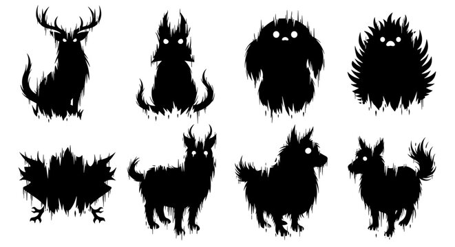 Collection of eight unique shadowy monster creatures with glowing eyes, depicted as dark silhouettes with a spooky and mysterious aura.